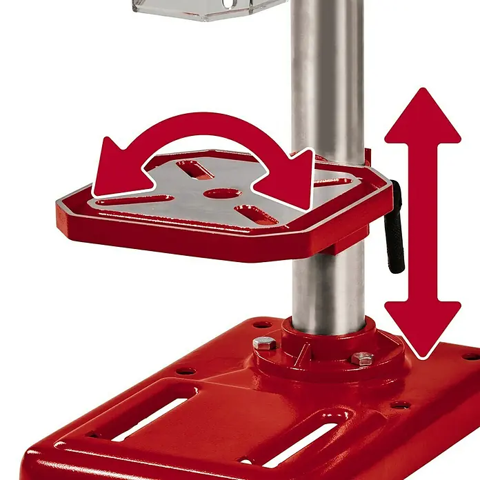Einhell Classic Tischbohrmaschine TC-BD 500 - 500 W, Leerlaufdrehzahl: 300 U/min - 2.410 U/min, Spannweite Bohrfutter: 1,5 mm - 13 mm - Produktabbildung einer Bohrmaschine, die die einstellbare Tischhöhe und die drehbare Funktion des Tisches hervorhebt.