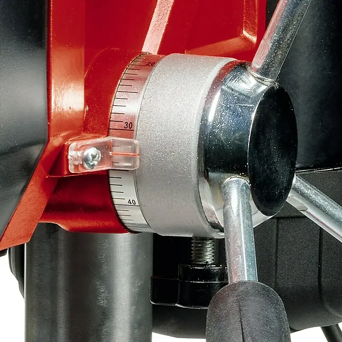 Einhell Tischbohrmaschine TE-BD 550 E - 450 W, Spannweite Bohrfutter: 0 mm - 13 mm - Detailaufnahme einer Bohrmaschine mit Tiefenanschlag und Handkurbel zur präzisen Einstellung der Bohrtiefe.