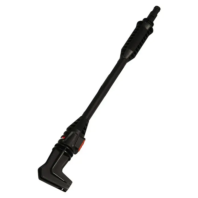 Einhell Winkeldüse - Passend für: Einhell Hochdruckreiniger TC-HP 90, TC-HP 130, TE-HP 140 und TE-HP 170 - Detailaufnahme einer schwarzen Lanze für einen Hochdruckreiniger, die sich diagonal vor einem schwarzen Hintergrund erstreckt.