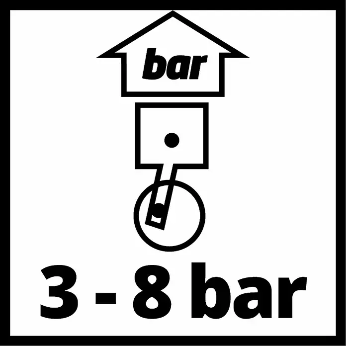 Einhell Unterbodenschutzpistole - Geeignet für: Kompressor - Symbol mit Druckangabe "3-8 bar" und stilisierter Kolben-Darstellung, vermutlich für technische Geräte oder Werkzeuge.