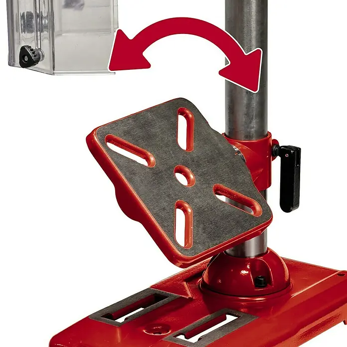 Einhell Tischbohrmaschine TE-BD 550 E - 450 W, Spannweite Bohrfutter: 0 mm - 13 mm - Bohrmaschine Detailansicht mit drehbarer Arbeitsplatte und rotem Pfeil, der die Drehbewegung andeutet. Ideal für Heimwerkerarbeiten.