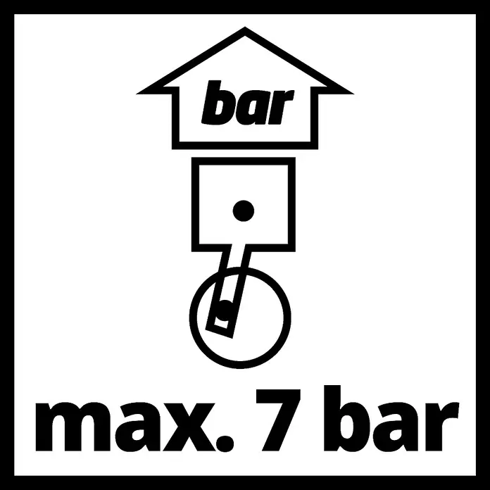 Einhell Druckluft-Saugstrahlpistole - Geeignet für: Kompressor - Symbol für maximalen Druck. Maximal 7 Bar Druck sollten nicht überschritten werden, um Schäden zu vermeiden.