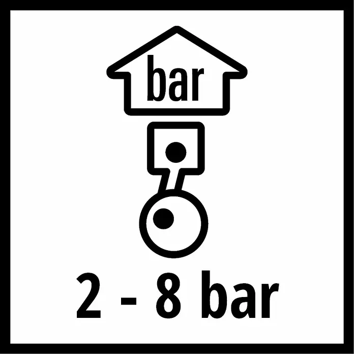 Einhell Ausblaspistole lang - Geeignet für: Kompressor - Symbol, das einen Druckbereich von 2-8 bar anzeigt, wichtig für die korrekte Funktion und Sicherheit des Produkts.