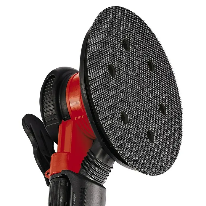 Einhell Classic Druckluft-Exzenterschleifer TC-PE 150Durchmesser Schleifteller: 150 mm, 10.500 U/min, 0 bar - 6,3 bar - Nahaufnahme eines Exzenterschleifers in Rot und Schwarz mit Schleifscheibe.