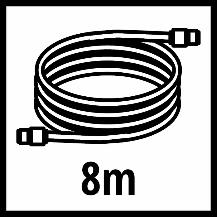 Einhell Spiralschlauch - Länge: 8 m, Betriebsdruck: 8 bar - Abbildung einer 8-Meter-Kabelrolle mit zwei Anschlüssen an den Enden, dargestellt in Schwarz und Weiß.