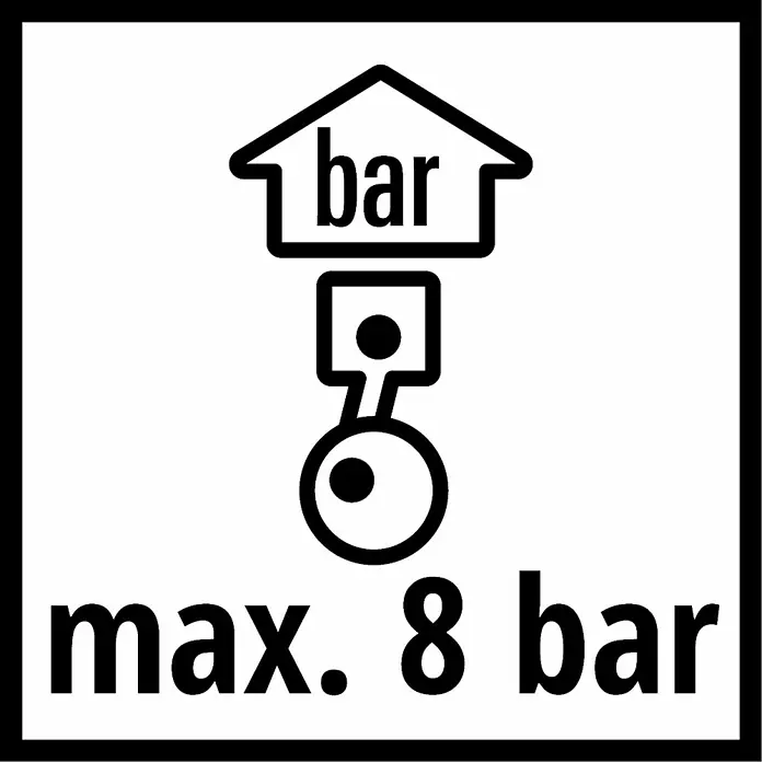 Einhell Spiralschlauch - Länge: 4 m, Betriebsdruck: 8 bar - Symbol für maximalen Druck von 8 bar, dargestellt durch ein Piktogramm und Text.