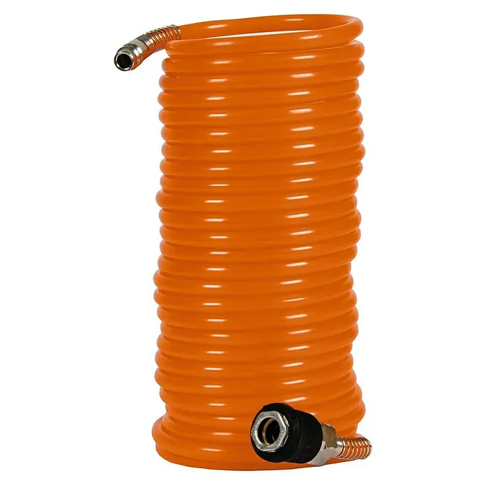 Einhell Spiralschlauch - Länge: 8 m, Betriebsdruck: 8 bar - Orangefarbener Druckluftschlauch aufgerollt mit Anschlüssen für den professionellen Einsatz in Werkstatt und Industrie.