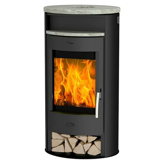 Fireplace Kaminofen Jakarta - 6,6 kW, Raumheizvermögen: 126 m³, Material Verkleidung: Speckstein, Schwarz - Elegante Kaminofen mit Holzfach und Steinplatte. Der Kaminofen sorgt für eine gemütliche Atmosphäre.
