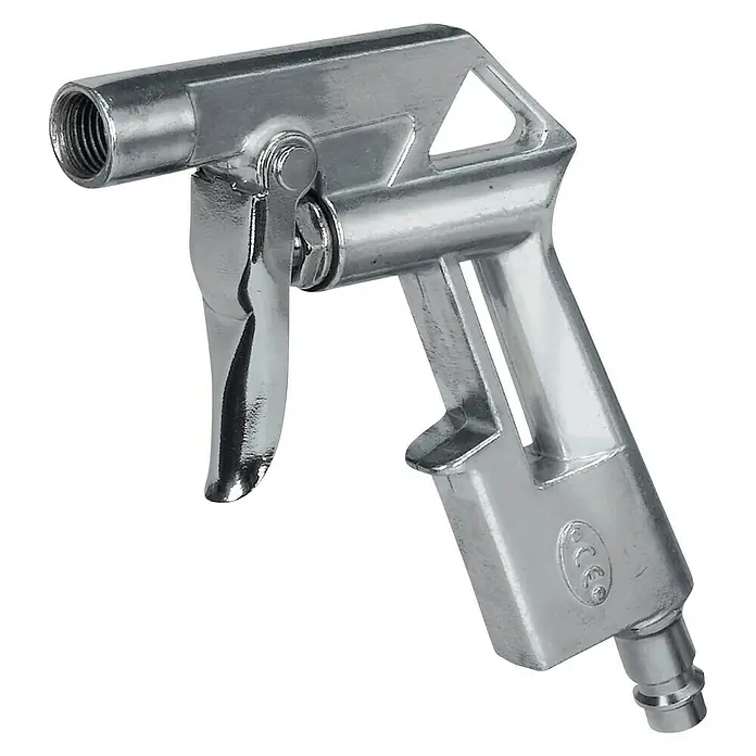 Einhell Druckluft-Set - 5 -tlg. - Abbildung einer silberfarbenen Ausblaspistole aus Metall mit Pistolengriff, die professionell und robust aussieht.