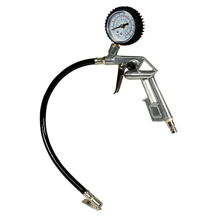 Einhell Druckluft-Set3 -tlg. - Ein Reifenfüller mit Manometer, der das präzise Aufpumpen von Reifen ermöglicht. Das Manometer zeigt den aktuellen Reifendruck genau an.