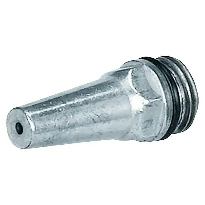 Einhell Druckluft-Set - 5 -tlg. - Nahaufnahme einer silberfarbenen Sprühdüse mit Gewinde, die für präzises Auftragen von Flüssigkeiten oder Farben verwendet wird.