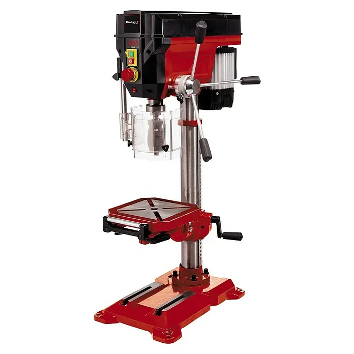 Einhell Tischbohrmaschine TE-BD 750 E - 750 W, 450 U/min - 2.500 U/min - Ein Einhell Standbohrmaschine mit roter Basis und silberner Säule für präzise Bohrarbeiten in verschiedenen Materialien.