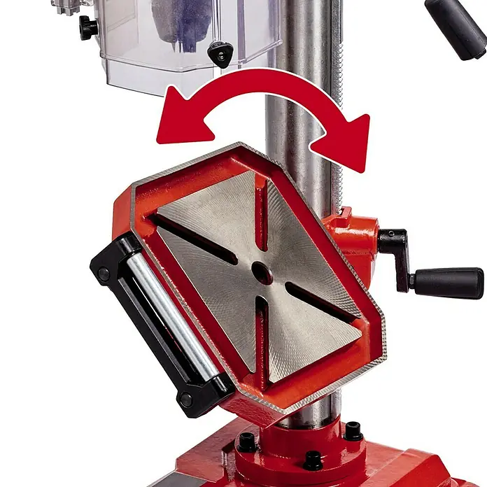 Einhell Tischbohrmaschine TE-BD 750 E - 750 W, 450 U/min - 2.500 U/min - Bild einer roten Säulenbohrmaschine, die eine Drehbewegung des Arbeitstisches zeigt. Gut für Metall- und Holzarbeiten.
