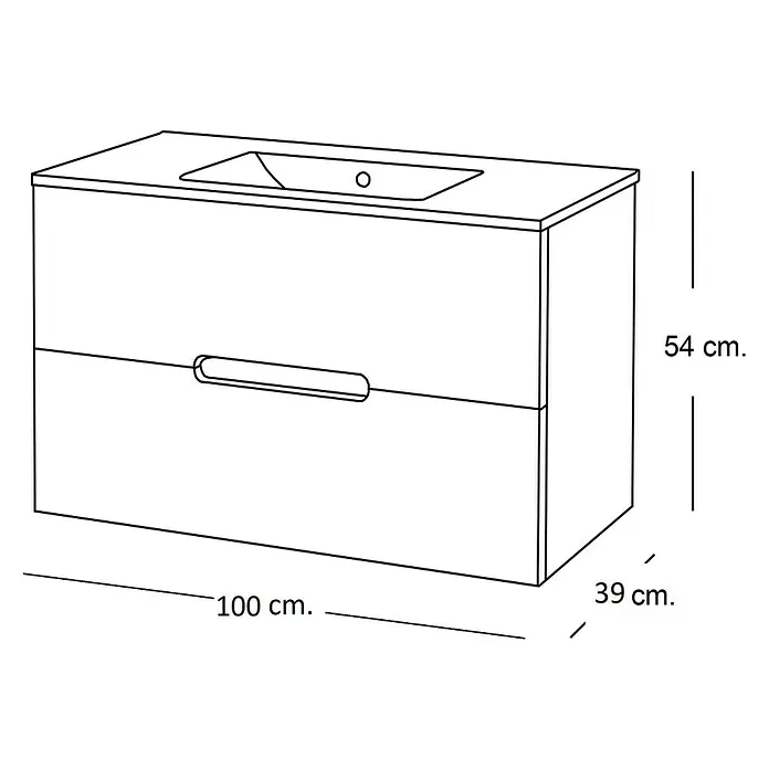 Artysan Mueble bajo de lavabo India Slim - L x An x Al: 39 x 100 x 54,5 cm, Ceniza - Ilustración de un mueble de lavabo con dos cajones y dimensiones 100 x 39 x 54 cm.