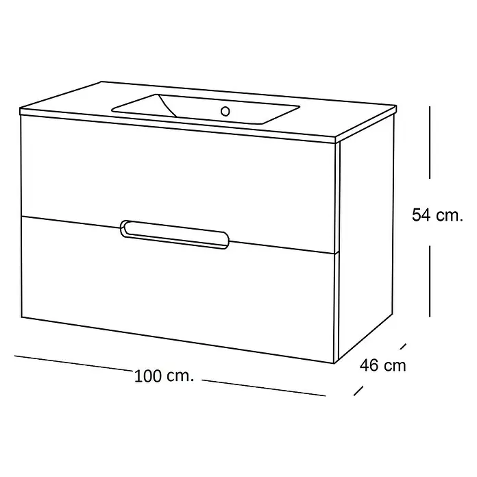 Artysan Mueble bajo de lavabo India - An x Pr x Al: 100 x 46 x 54,5 cm, Ceniza - Imagen esquemática de un mueble de baño con dimensiones de 100 cm de ancho, 54 cm de alto y 46 cm de profundidad.