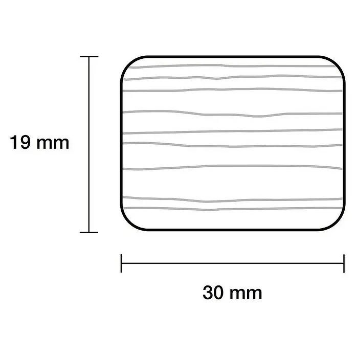 Bankleiste - 90 cm x 30 mm x 19 mm, Kiefer - Abbildung eines rechteckigen Holzstücks mit abgerundeten Ecken, beschriftet mit den Maßen 30 mm x 19 mm.