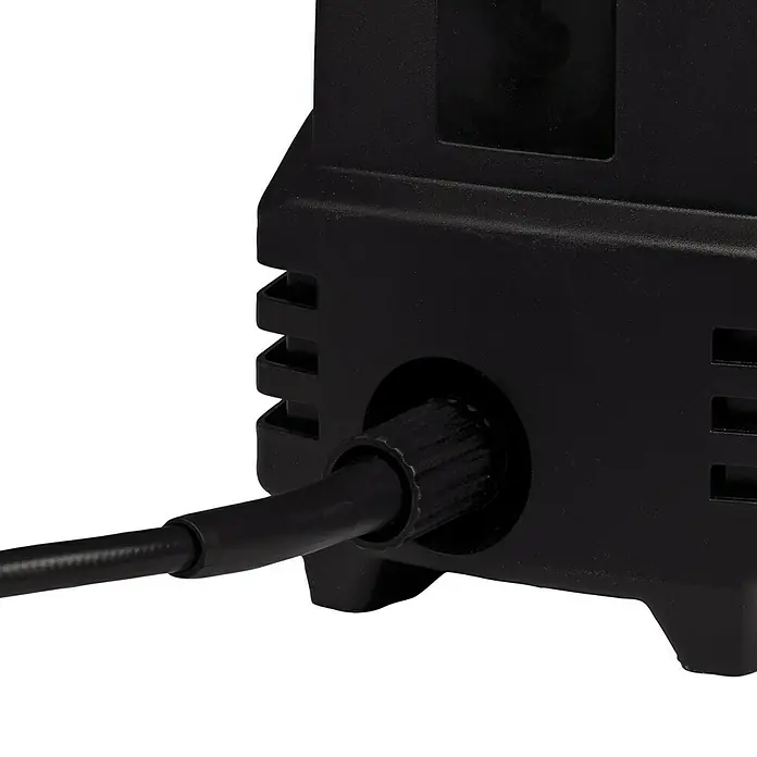 Einhell Classic Hochdruckreiniger TC-HP 90 - 1.200 W, Fördermenge: 372 l/h - Nahaufnahme eines schwarzen elektronischen Geräts mit einem angeschlossenen Netzkabel. Das Gehäuse des Geräts ist robust und hat Kühlrippen.