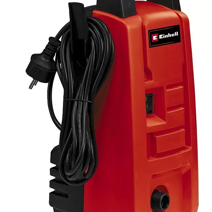 Einhell Classic Hochdruckreiniger TC-HP 90 - 1.200 W, Fördermenge: 372 l/h - Roter Einhell Hochdruckreiniger mit aufgewickeltem schwarzem Netzkabel, Stecker, EIN/AUS-Schalter und Wasseranschluss.