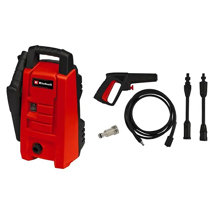 Einhell Classic Hochdruckreiniger TC-HP 90 - 1.200 W, Fördermenge: 372 l/h - Ein roter Einhell Hochdruckreiniger mit Zubehör auf schwarzem Hintergrund.