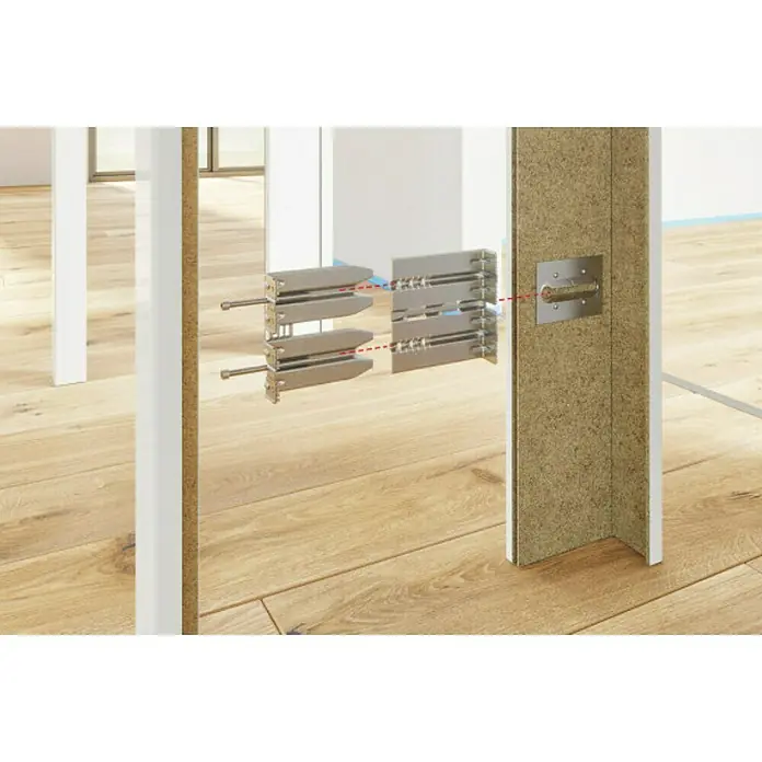 Häfele Zargenbefestiger Startec Frame Fix - Geeignet für: Holzzargen, Passend für: Wandstärke 125 – 165 mm, 6 Stk. - Detailaufnahme eines Möbelstücks, das mit innovativen Verbindungsbeschlägen montiert wird. Die Beschläge sorgen für Stabilität und einfaches Zusammenbauen.