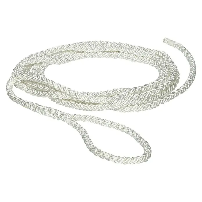 Leine 8-Plait mit AugeNylon, Länge: 6 m, Durchmesser: 12 mm, Weiß - Nahaufnahme eines gewundenen, geflochtenen, weißen Seils mit einer Schlaufe an einem Ende, ideal für verschiedene Anwendungen.