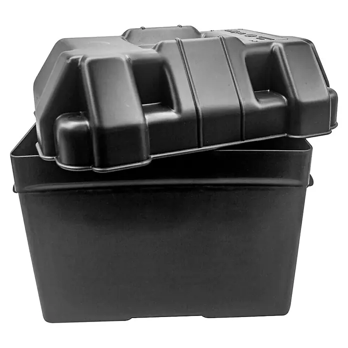 Batteriekasten - Schwarz, Innenmaß: 270 x 190 x 200 mm - Schwarze Batteriebox mit offenem Deckel, robuste Ausführung für sicheren Halt und Schutz der Autobatterie.