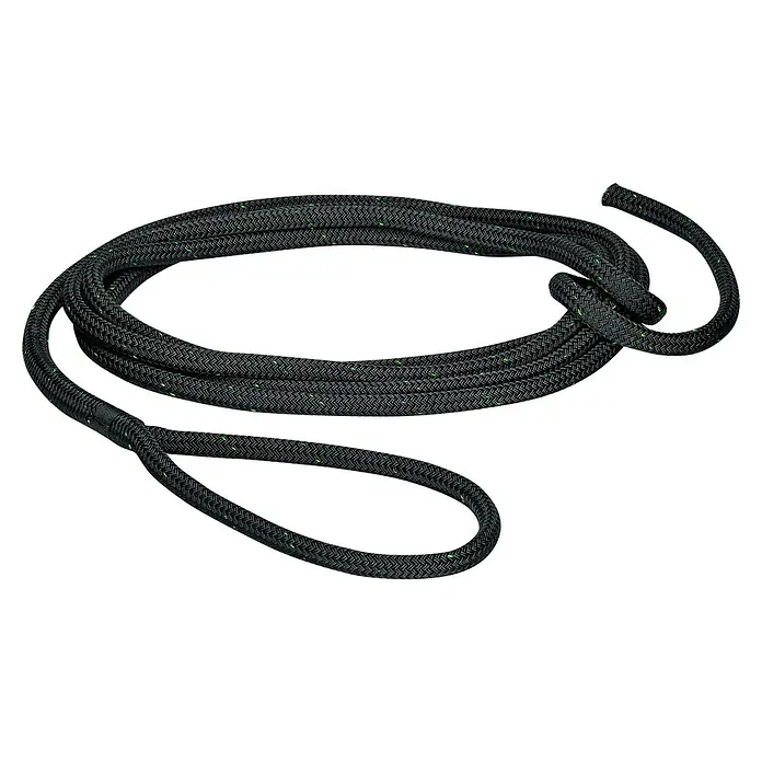 Robline Festmacherleine Rio Green - Ø x L: 10 mm x 8 m, Schwarz, Polyester - Nahaufnahme eines schwarzen Kletterseils mit grünen Akzenten, das in Schlaufen gelegt ist. Ideal für sicheres Klettern und Bergsteigen.