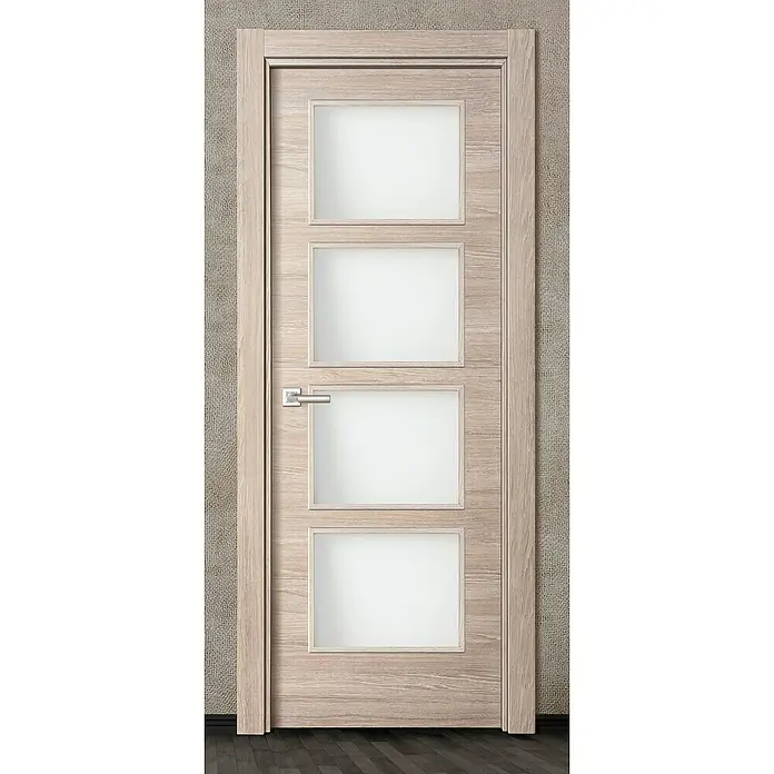 Solid Elements Puerta acristalada - 72,5 x 203 cm, Derecha, Roble Gris - Puerta de madera clara con cuatro inserciones rectangulares de vidrio y manija plateada, resaltando un diseño moderno.