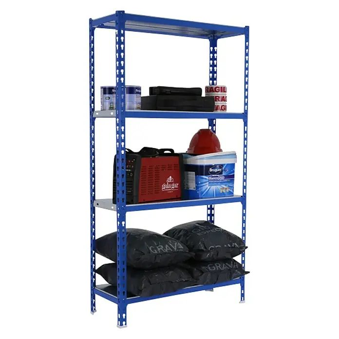 Simonrack Simonclick Metallregal Simonclick Mini - H x B x T: 150 x 80 x 30 cm, Traglast pro Boden: 180 kg, Anzahl Böden: 4 Stk., Stecken, Blau/Silber - Blaues Metallregal mit fünf Ebenen, beladen mit Farbeimern, Taschen mit Kies und Werkzeugen, ideal für Lagerung und Organisation.
