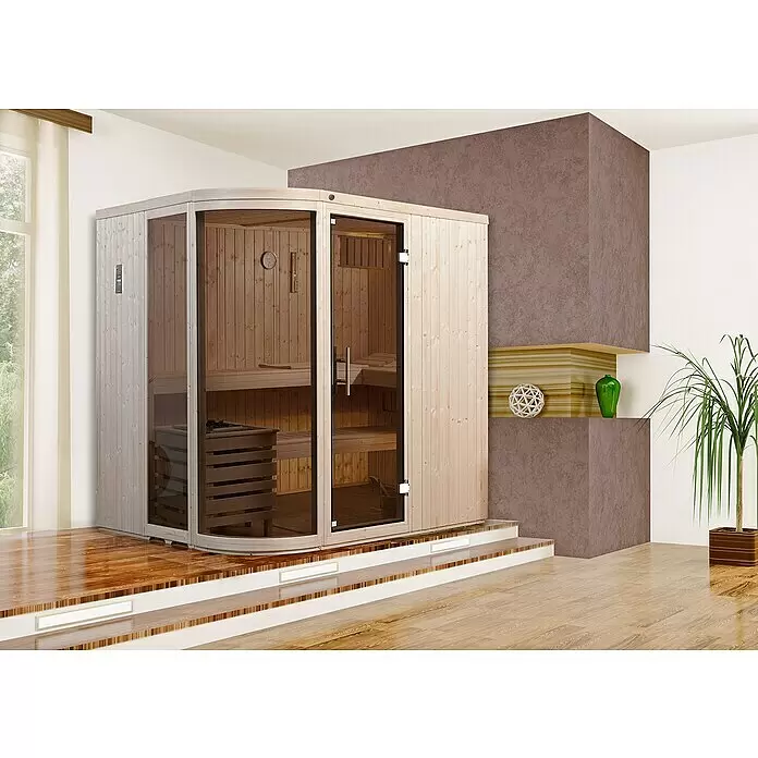 Weka Elementsauna Sara 1 - L x B x H: 194 x 194 x 199 cm, 7,5 kW BioS-Ofen mit multifunktionaler Steuerung und Digitalanzeige - Moderne Ecksauna aus hellem Holz mit getönten Glastüren auf einer erhöhten Holzplattform in einem Wohnraum.