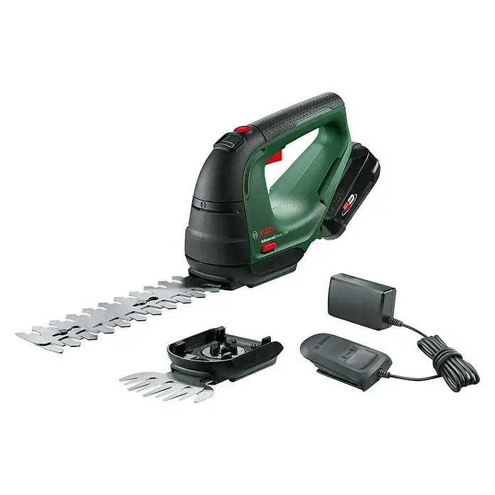 Bosch Power for All 18V Akku-Gras- & Strauchschere AdvancedShear 18V-10 - 18 V, Li-Ionen, 1 Akku, Schwertbreite: 10 cm - Das Bosch AdvancedShear 18V Akku-Gras- und Strauchschere-Set mit Ladegerät und verschiedenen Aufsätzen für flexible Gartenarbeit.