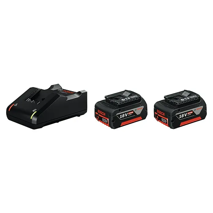 Bosch Professional AMPShare 18V Akku & Ladegerät GBA 18V 4.0Ah + GAL 18V-40 - 18 V, 2 Akkus, 4 Ah - Abbildung eines Bosch-Akkuladegeräts mit zwei 18V 4.0Ah Li-Ionen-Akkus.