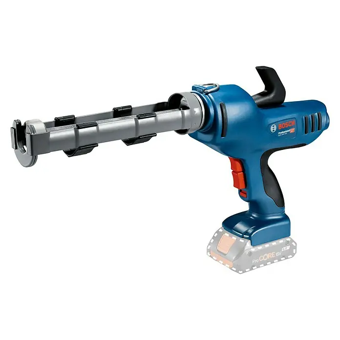 Bosch Professional AMPShare 18V Akku-Kartuschenpresse GCG 18V-31018 V, Ohne Akku, Betriebsdruck: 3,5 kN - Das Bild zeigt eine Akku-betriebene Kartuschenpistole von Bosch Professional mit blauem Gehäuse und schwarzem Griff.