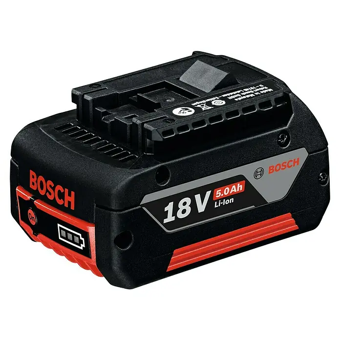 Bosch Professional AMPShare 18V Akku GBA 18V 5.0 Ah - 18 V, 1 Akku, 5 Ah - Nahaufnahme eines schwarzen Bosch 18V 5.0Ah Li-Ion Akkus, ideal für Elektrowerkzeuge, mit roter Akzentuierung.