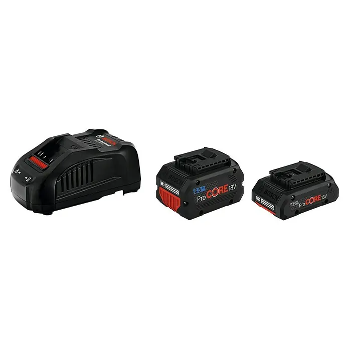 Bosch Professional AMPShare 18V Akku & Ladegerät ProCORE18V 4.0Ah + ProCORE18V 5.5Ah + GAL1880CV - 18 V, 2 Akkus, 4 Ah - Abbildung eines Bosch-Akkuladegeräts mit zwei ProCORE 18V-Akkus. Hervorhebung der Ladeeffizienz und Kompatibilität.