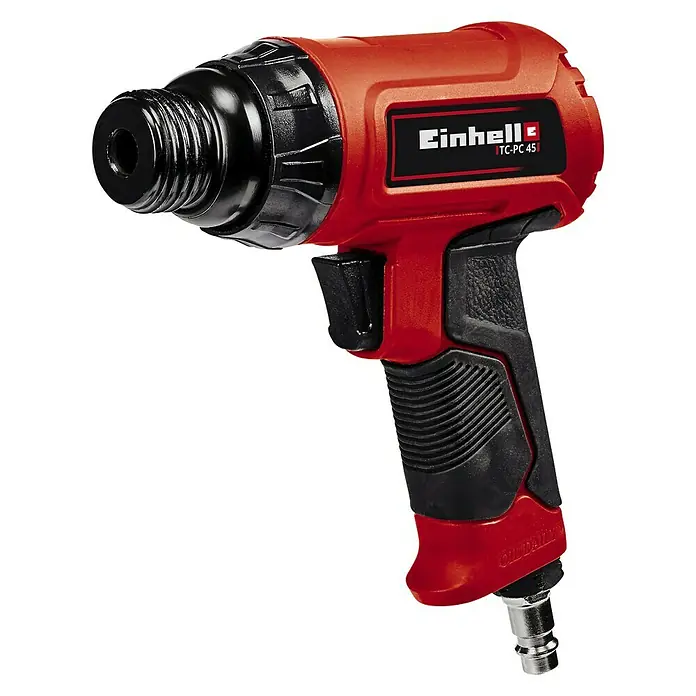 Einhell Classic Druckluft-Meißelhammer - 6,3 bar, Luftverbrauch: 113 l/min, Schlagzahl: 4.500 /min - TC-PC 45 Farbspritzpistole von Einhell. Die rote Pistole ist mit einer schwarzen Düse und einem schwarzen Griffstück versehen.