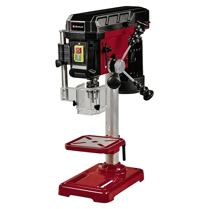 Einhell Tischbohrmaschine TC-BD 450 - 450 W, Leerlaufdrehzahl: 600 U/min - 2.650 U/min, Spannweite Bohrfutter: 1,5 mm - 13 mm - Eine rote Einhell Tischbohrmaschine mit silberner Säule und schwarzem Bohrkopf ist abgebildet.
