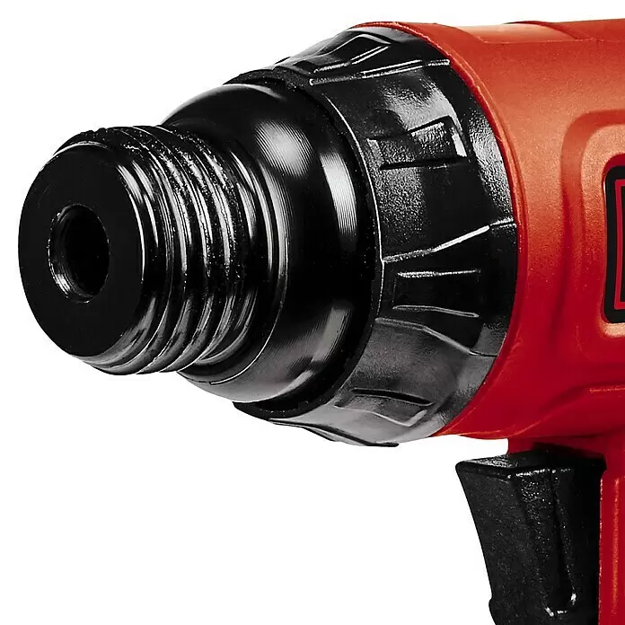 Einhell Classic Druckluft-Meißelhammer - 6,3 bar, Luftverbrauch: 113 l/min, Schlagzahl: 4.500 /min - Nahaufnahme des vorderen Teils eines rot-schwarzen Elektrowerkzeugs mit schwarzem Gewindefutter und zentraler Öffnung.