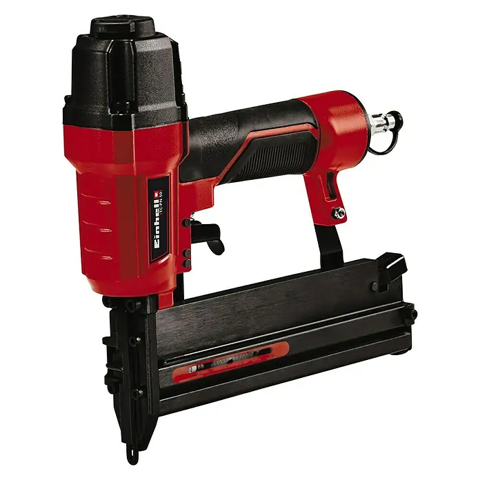 Einhell Drucklufttacker TC-PN 50 - Betriebsdruck: 8,3 bar, Magazinkapazität: 100 Nägel/Klammern - Abbildung eines roten Einhell TC-PN 50 Druckluftnaglers, eines Werkzeugs zum schnellen und effizienten Eintreiben von Nägeln in verschiedene Materialien.