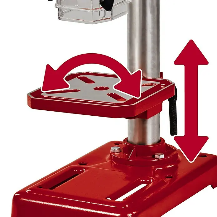Einhell Tischbohrmaschine TC-BD 450 - 450 W, Leerlaufdrehzahl: 600 U/min - 2.650 U/min, Spannweite Bohrfutter: 1,5 mm - 13 mm - Detailaufnahme einer Bohrmaschine, die Flexibilität durch Rotation und Höhenverstellung des Werkstücktisches bietet.