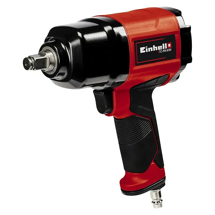 Einhell Classic Druckluft-Schlagschrauber TC-PW 610 - Betriebsdruck: 0 bar - 6,3 bar, Leerlaufdrehzahl: 7.000 U/min, Luftverbrauch: 198 l/min - Ein Einhell TC-PW 610 Druckluft-Schlagschrauber in Schwarz und Rot, ideal für Reifenwechsel und Montagearbeiten.