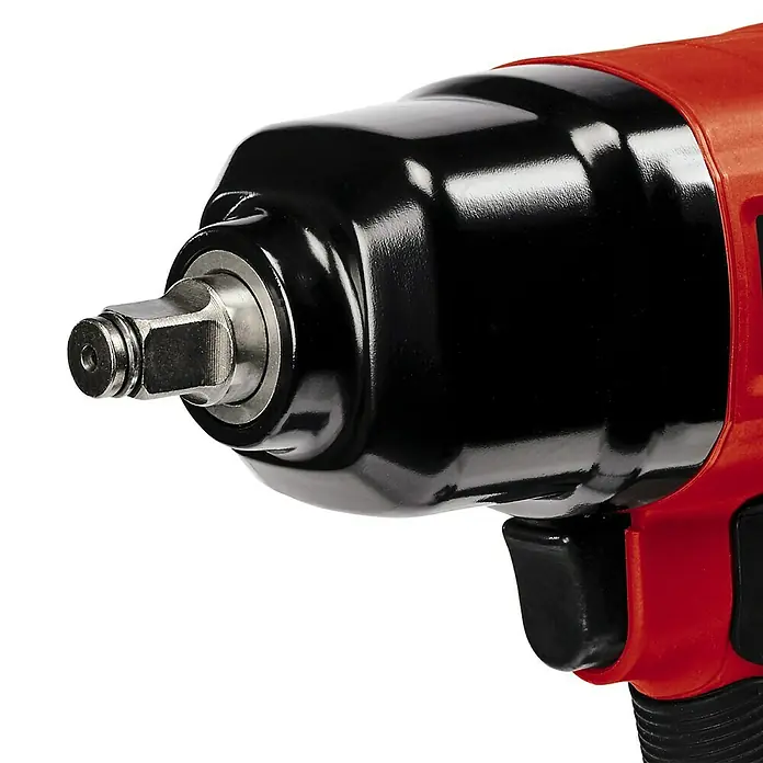 Einhell Classic Druckluft-Schlagschrauber TC-PW 610 - Betriebsdruck: 0 bar - 6,3 bar, Leerlaufdrehzahl: 7.000 U/min, Luftverbrauch: 198 l/min - Nahaufnahme eines roten und schwarzen Einhell Schlagschraubers, der ein unverzichtbares Werkzeug für jeden Handwerker ist.