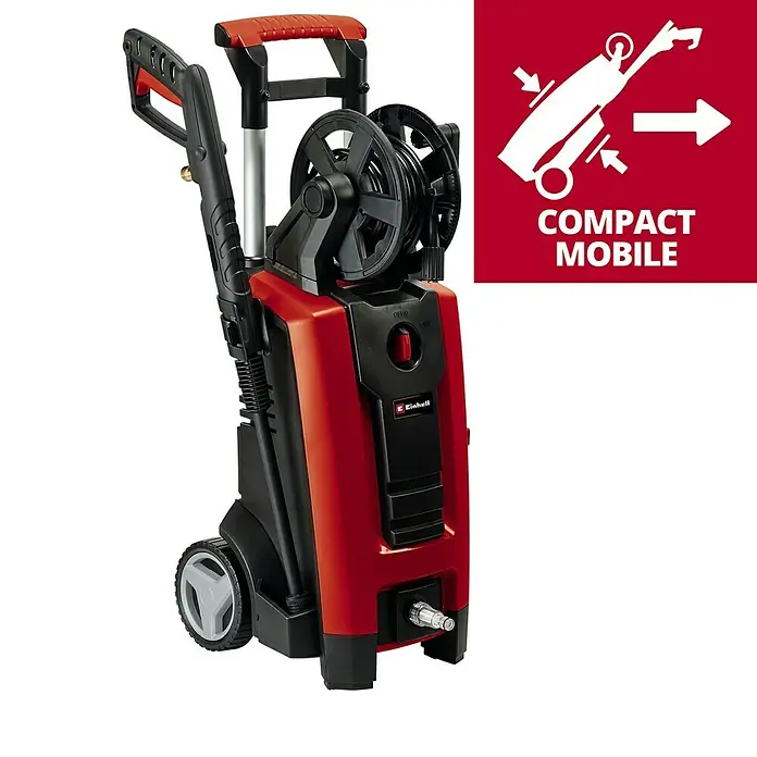 Einhell Expert Hochdruckreiniger TE-HP 140 - 1.900 W, Max. Druck: 140 bar, Fördermenge: 420 l/h - Abbildung eines roten und schwarzen Einhell Hochdruckreinigers mit Schlauchtrommel und „Compact Mobile“-Logo.