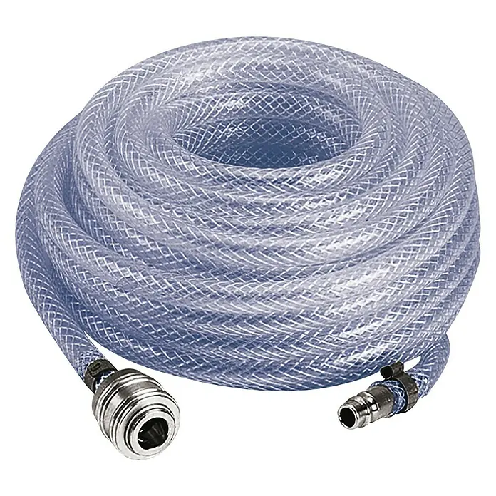 Einhell DruckluftschlauchLänge: 10 m, Schlauchdurchmesser: 6 mm - Aufgerollter transparenter verstärkter Vinylschlauch mit Metallanschlussstücken. Ideal für verschiedene Anwendungen.