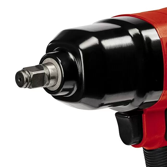 Einhell Classic Druckluft-Schlagschrauber TC-PW 340 - Betriebsdruck: 0 bar - 6,3 bar, Leerlaufdrehzahl: 7.500 U/min, Luftverbrauch: 198 l/min - Roter und schwarzer Schlagschrauber mit Vierkantantrieb und Sicherungsstift, zeigt das robuste Metallfutter und glänzende Gehäuse.