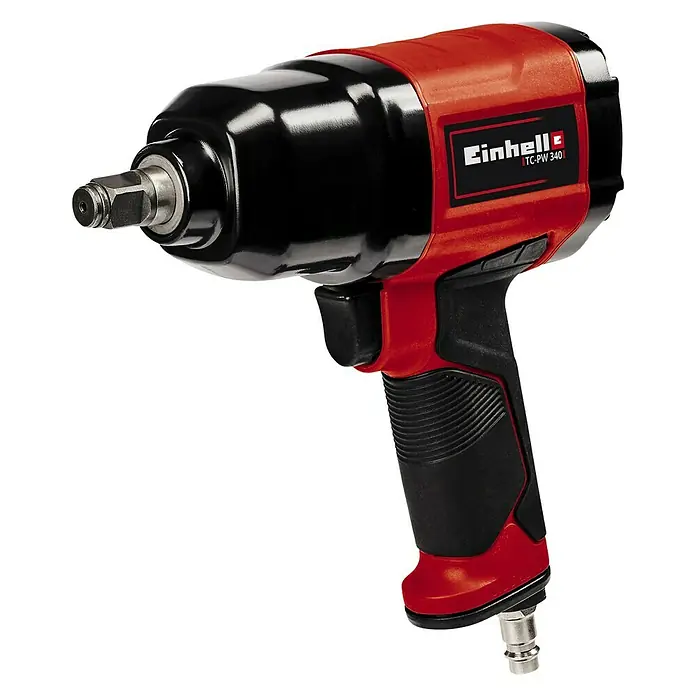 Einhell Classic Druckluft-Schlagschrauber TC-PW 340 - Betriebsdruck: 0 bar - 6,3 bar, Leerlaufdrehzahl: 7.500 U/min, Luftverbrauch: 198 l/min - Ein roter und schwarzer Einhell TC-PW 340 Druckluft-Schlagschrauber, der sich perfekt für eine Vielzahl von Anwendungen eignet.