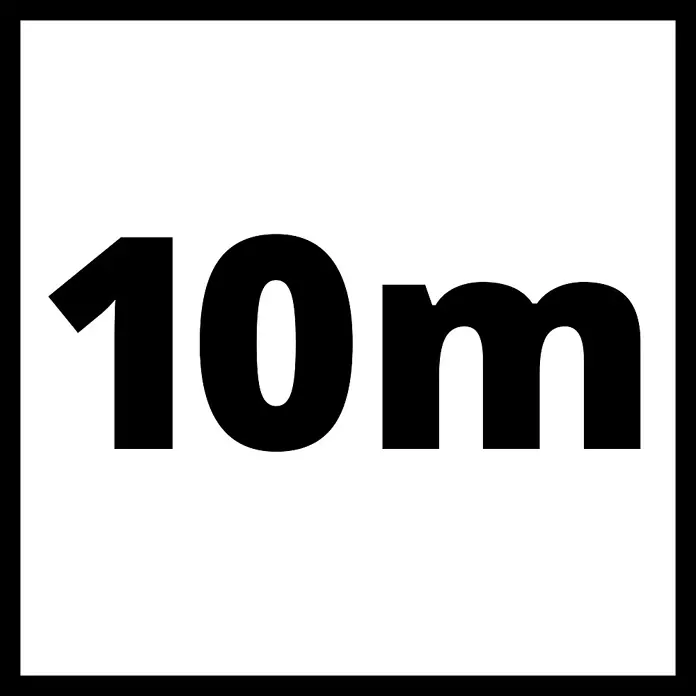 Einhell Druckluftschlauch - Länge: 10 m, Schlauchdurchmesser: 6 mm - Schwarz-weißes Schild mit der Aufschrift "10m", das auf eine Entfernung oder einen Abstand von 10 Metern hinweist.