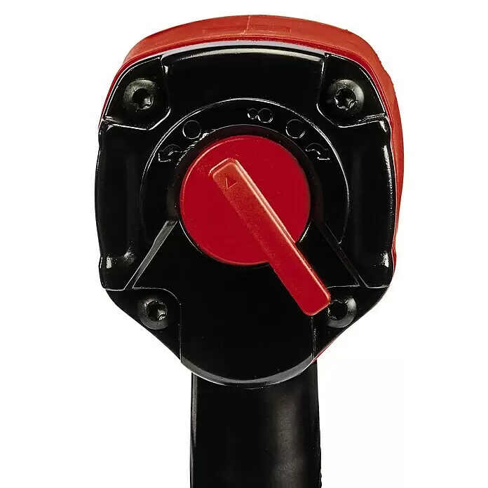 Einhell Classic Druckluft-Schlagschrauber TC-PW 340 - Betriebsdruck: 0 bar - 6,3 bar, Leerlaufdrehzahl: 7.500 U/min, Luftverbrauch: 198 l/min - Rot-schwarzes Elektrowerkzeug mit rotem Drehschalter, Hebel und Einstellungen 0-3 mit Richtungspfeilen.