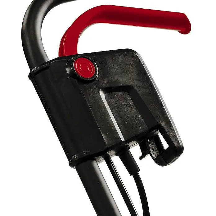 Einhell Elektro-Vertikutierer-Lüfter GC-SA 1231/11.200 W, Arbeitsbreite: 31 cm - Detailaufnahme eines Rasenmähers mit schwarzem Griff, rotem Hebel und Kabeln, die zur Steuerung des Geräts dienen.
