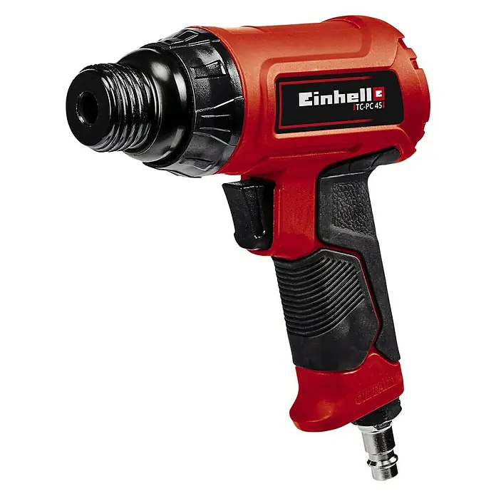Einhell Classic Druckluft-Meißelhammer TC-PC 45 - 0 bar - 6,3 bar, Luftverbrauch: 113 l/min - Ein roter Einhell TC-PC 45 Druckluft-Farbspritzpistole mit einem schwarzen Griff und einer schwarzen Düse vor einem schwarzen Hintergrund.